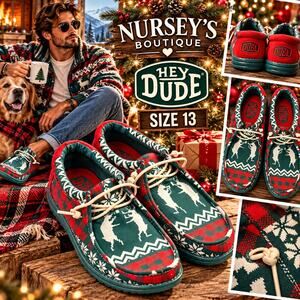 HEYDUDE Wally Holiday Cheers Mens 13 Green Plaid Christmas Shoes 41862-3U7